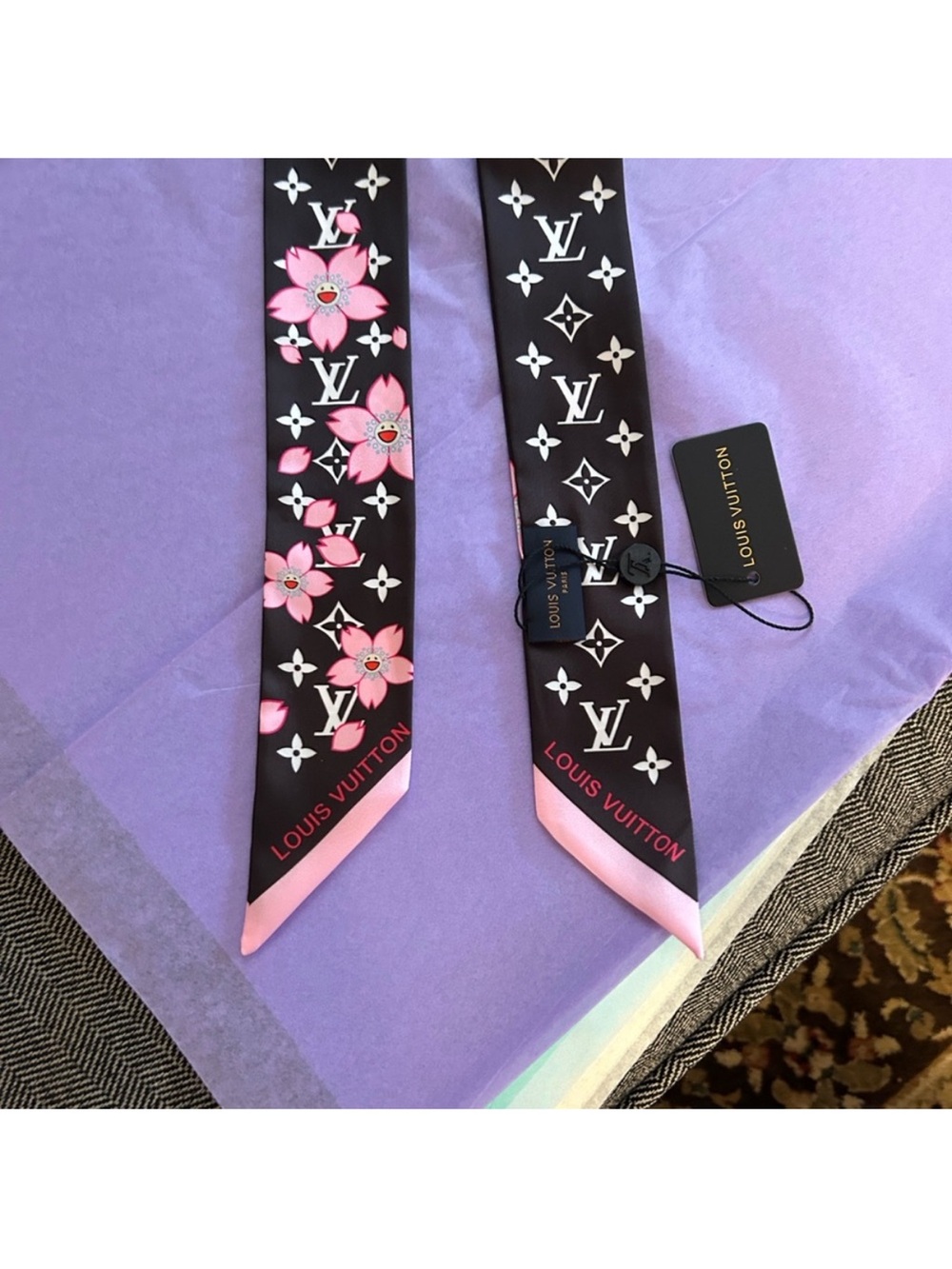 Louis Vuitton Black and Pink Monogram Floral Silk Twilly Scarf - Picture 3 of 5